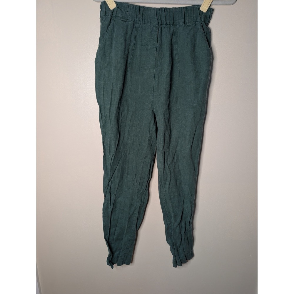 HappyMade Dark Teal Green 100% Linen Elastic Waist Tapered Pants Womens Medium